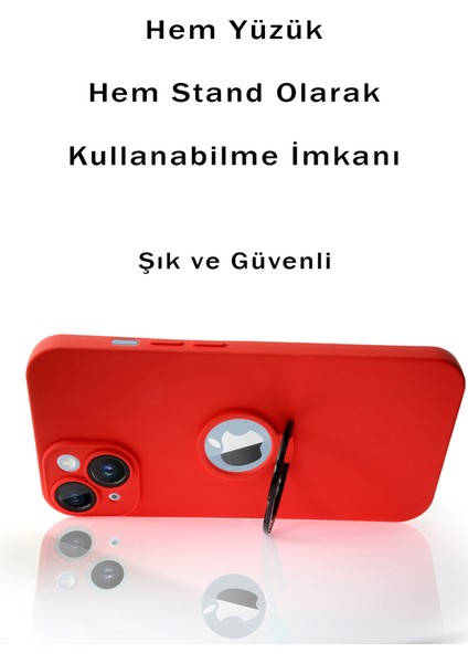 Apple iPhone 14 Pro Kapak Kamera Korumalı Standlı Logo Açık Yüzüklü Silikon Kılıf - Siyah - Siyah