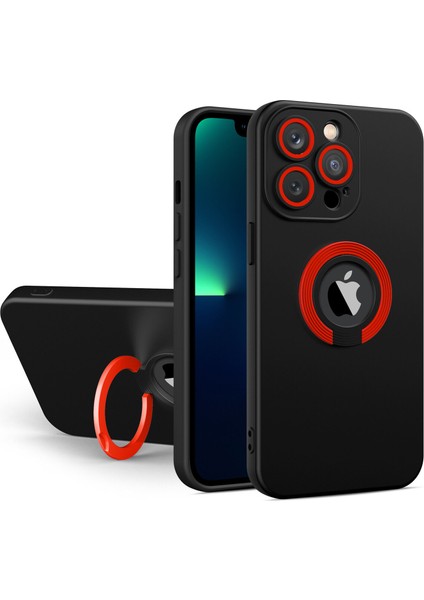 Apple iPhone 11 Pro Max Kapak Kamera Korumalı Standlı Logo Açık Yüzüklü Silikon Kılıf - Siyah - Kırmızı