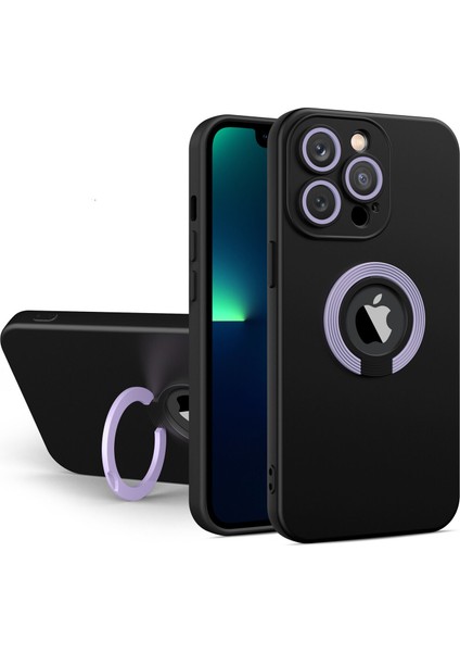 Apple iPhone 11 Pro Kapak Kamera Korumalı Standlı Logo Açık Yüzüklü Silikon Kılıf - Siyah - Lila