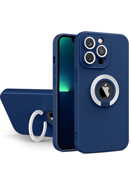 Apple iPhone 11 Pro Kapak Kamera Korumalı Standlı Logo Açık Yüzüklü Silikon Kılıf - Lacivert - Beyaz