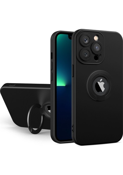Apple iPhone 11 Pro Max Kapak Kamera Korumalı Standlı Logo Açık Yüzüklü Silikon Kılıf - Siyah - Siyah