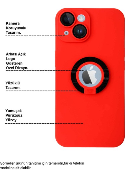 Apple iPhone 13 Kapak Kamera Korumalı Standlı Logo Açık Yüzüklü Silikon Kılıf - Siyah - Siyah