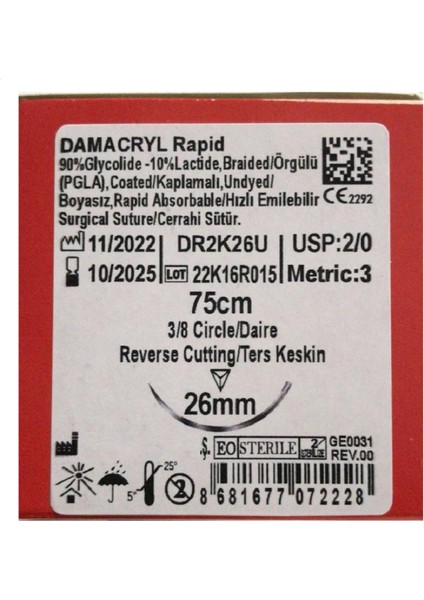 Pgla Cerrahi Hızlı Emilebilir Iplik Rapid 2/0 Ters Keskin Iğneli 3/8 Pga 24 Adet fiyatları