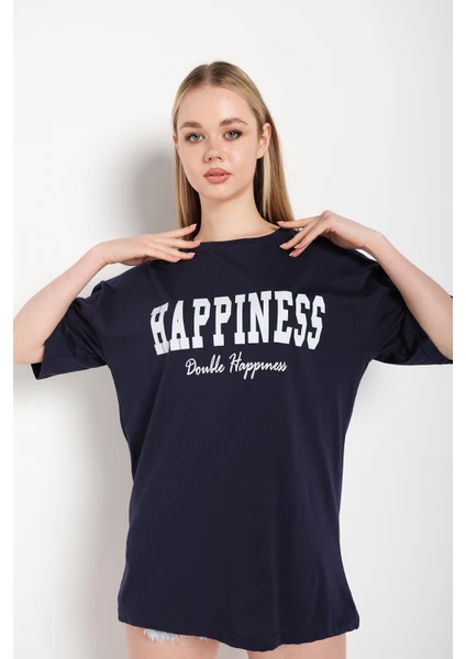 Kadın Happıness Baskılı Oversize Tshirt