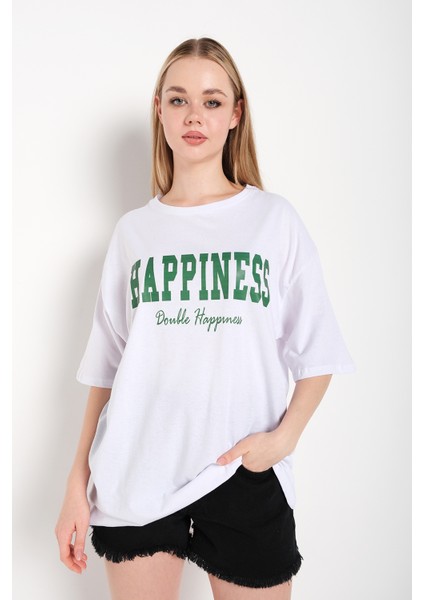 Kadın Happıness Baskılı Oversize Tshirt