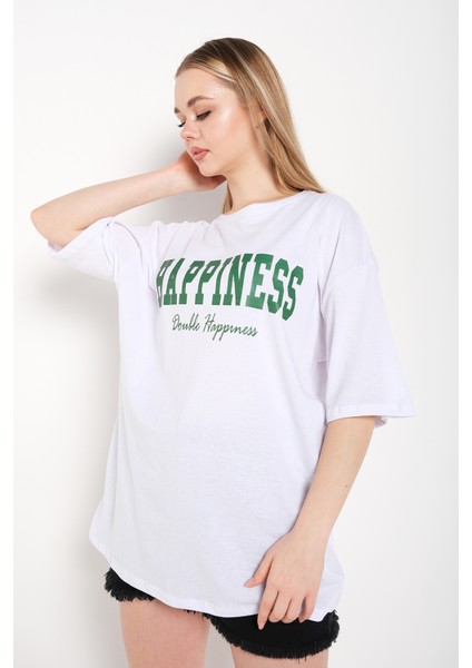 Kadın Happıness Baskılı Oversize Tshirt