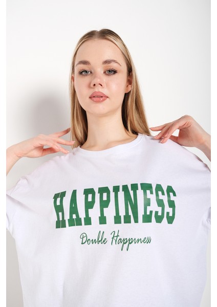 Kadın Happıness Baskılı Oversize Tshirt