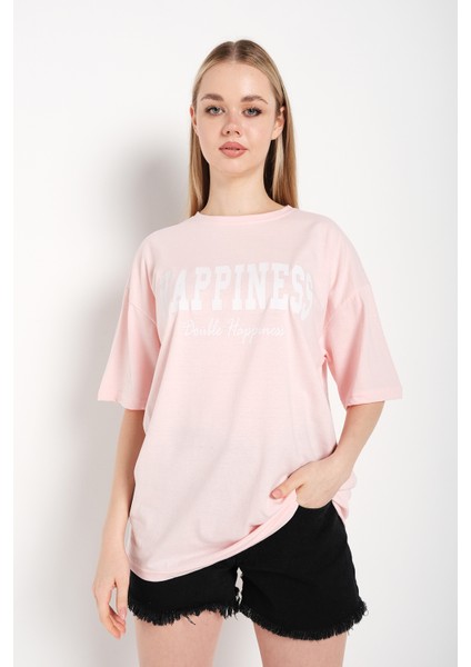 Kadın Happıness Baskılı Oversize Tshirt