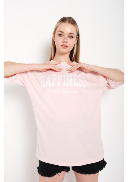 Kadın Happıness Baskılı Oversize Tshirt modelleri