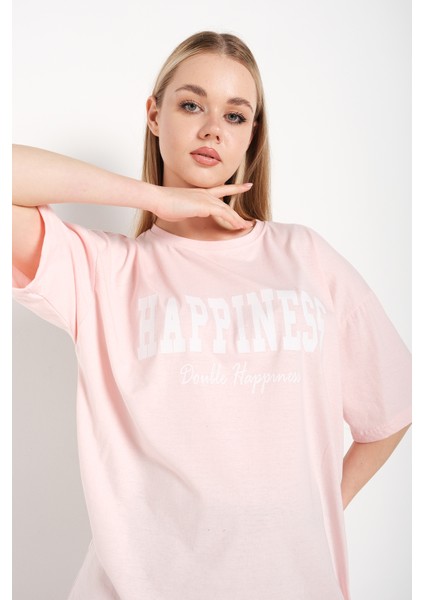 Kadın Happıness Baskılı Oversize Tshirt fırsatları