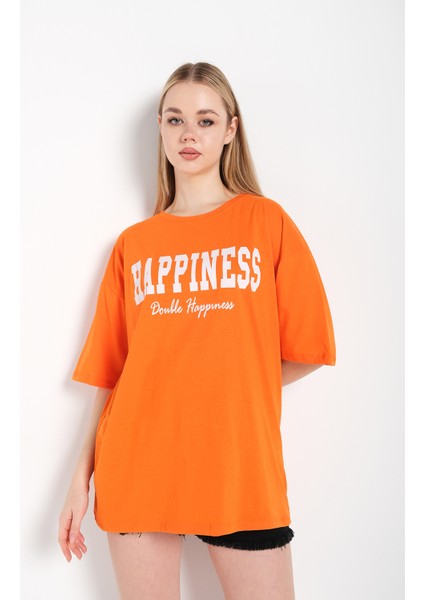Kadın Happıness Baskılı Oversize Tshirt