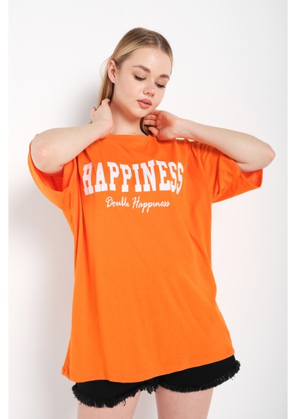 Kadın Happıness Baskılı Oversize Tshirt modelleri