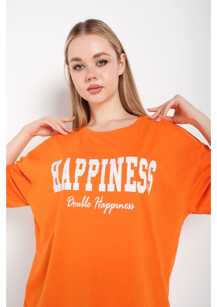 Kadın Happıness Baskılı Oversize Tshirt fırsatları