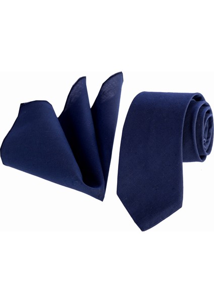 Lacivert Doğal Keten Kravat Mendil Seti Şık Tasarım ile Özel Hediyelik