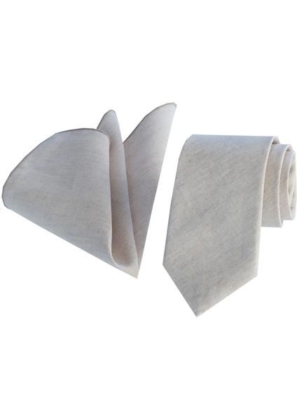 Bej Krem Geçişli Doğal Kravat Mendil Seti