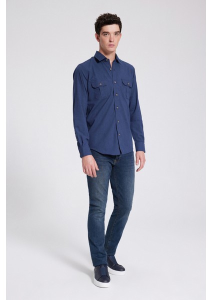 Slim Fit Indigo Armürlü Gömlek 9HC02PH04326M fırsatları