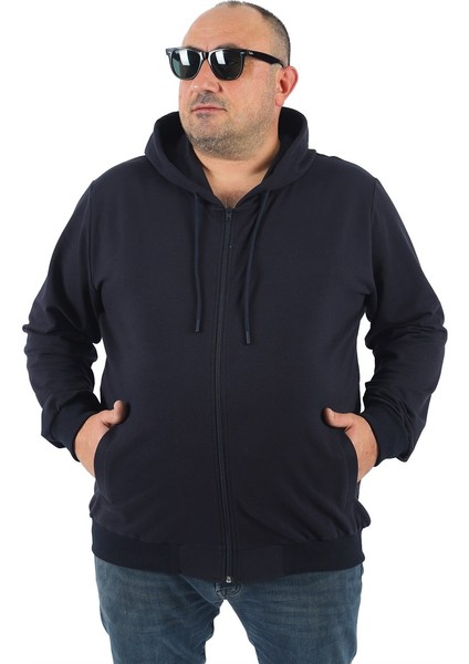 Mocgrande Büyük Beden Basic Mevsimlik Fermuarlı Kapüşonlu Sweat 22751 Lacivert