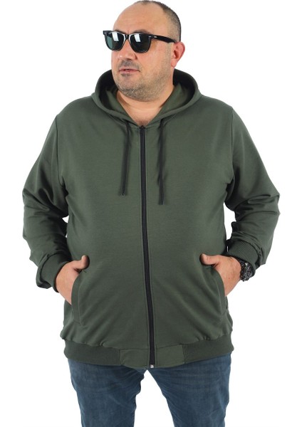 Mocgrande Büyük Beden Basic Mevsimlik Fermuarlı Kapüşonlu Sweat 22751 Hakı