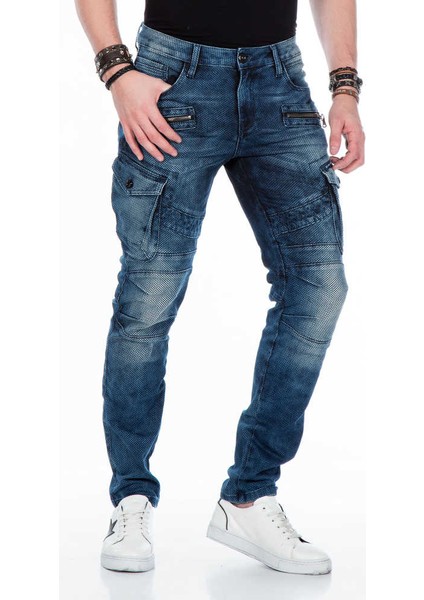 CD369 Live Fast Erkek Motorcu Tarzı Mavi Kargo Jeans
