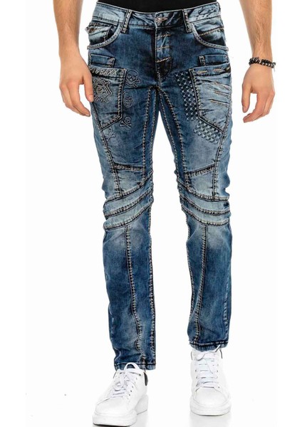 CD418 Kabartma Motifli Lacivert Erkek Motorcu Jeans