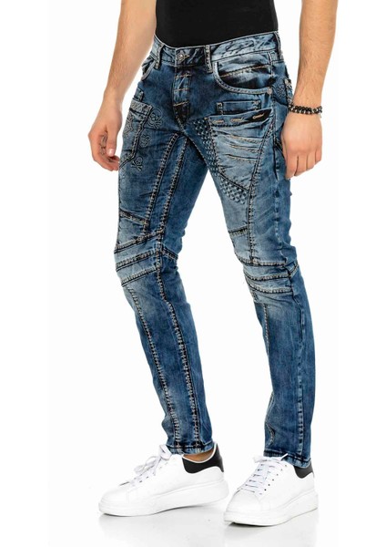 CD418 Kabartma Motifli Lacivert Erkek Motorcu Jeans