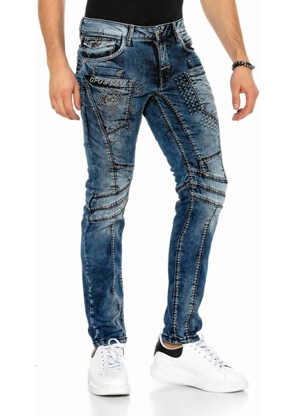 CD418 Kabartma Motifli Lacivert Erkek Motorcu Jeans