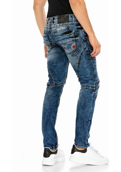 CD418 Kabartma Motifli Lacivert Erkek Motorcu Jeans