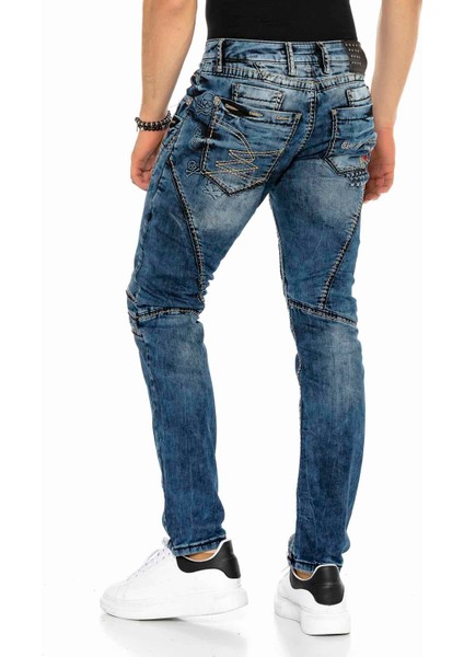CD418 Kabartma Motifli Lacivert Erkek Motorcu Jeans