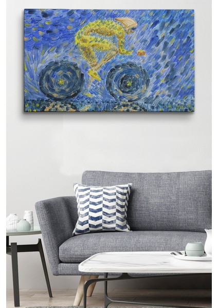 Yağmurda Süren Bisikletçi Yağlıboya Görünüm Dekoratif Kanvas Duvar Tablosu