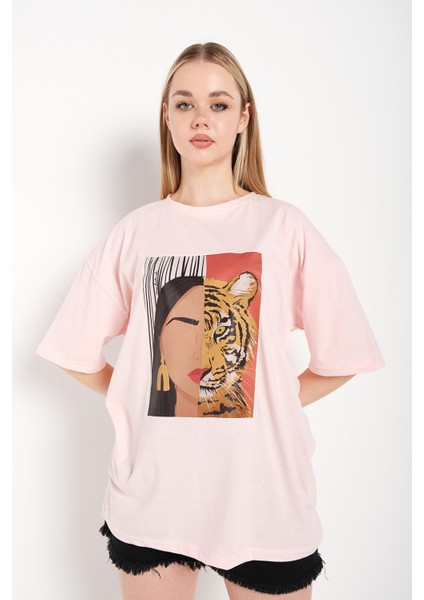 Kadın Leopar Baskılı Oversize T-Shirt