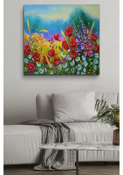 Renkli Çiçekler Yağlıboya Görünüm Dekoratif Kanvas Duvar Tablosu