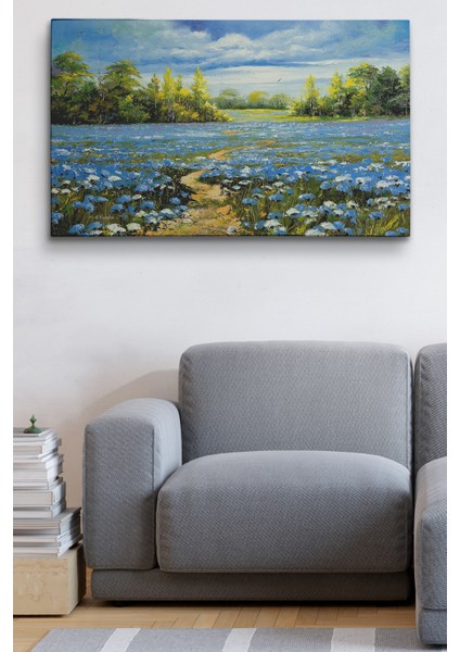 Mavi Gelincik Tarlası Yağlıboya Görünüm Dekoratif Kanvas Duvar Tablosu