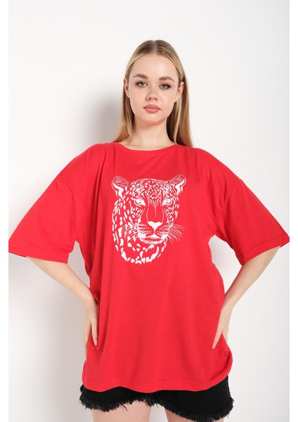 Kadın Leopar Figür Baskılı Oversize T-Shirt