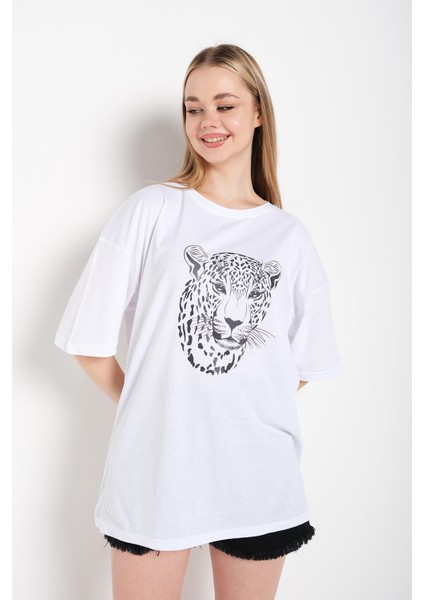 Kadın Leopar Figür Baskılı Oversize T-Shirt