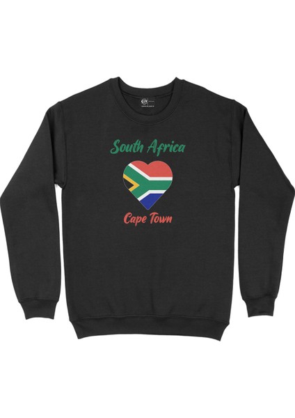 Cape Town Güney Afrika Bayraklı Kalpli Siyah Sweatshirt