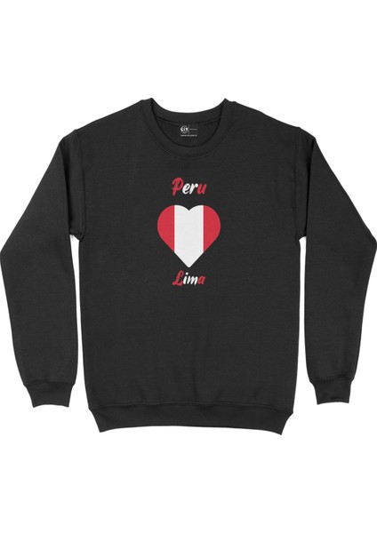 Lima Peru Bayraklı Kalpli Siyah Sweatshirt
