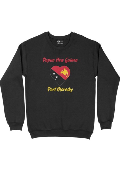 Port Moresby Papua Yeni Gine Bayraklı Kalpli Siyah Sweatshirt