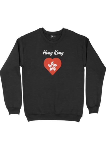 Hong Kong Bayraklı Kalpli Siyah Sweatshirt