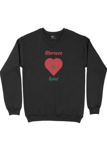 Rabat Fas Bayraklı Kalpli Siyah Sweatshirt