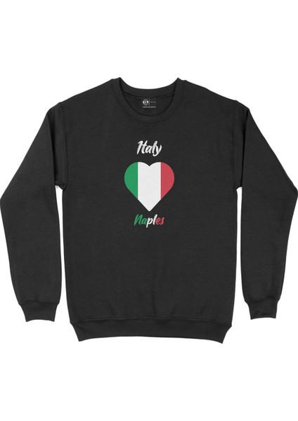 Napoli Italya Bayraklı Kalpli Siyah Sweatshirt