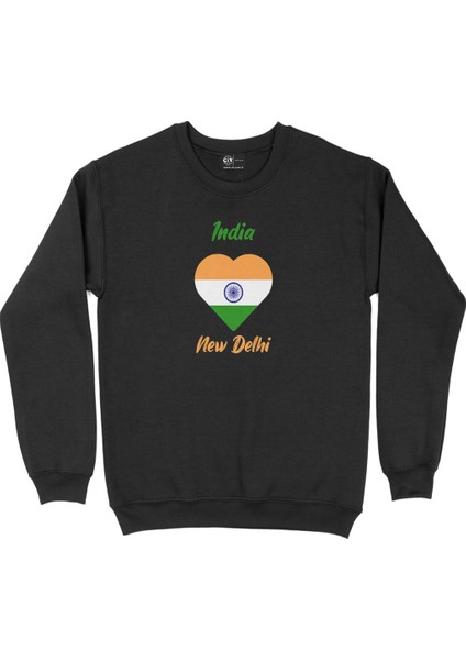 Yeni Delhi Hindistan Bayraklı Kalpli Siyah Sweatshirt