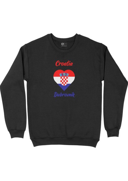 Dubrovnik Hırvatistan Bayraklı Kalpli Siyah Sweatshirt