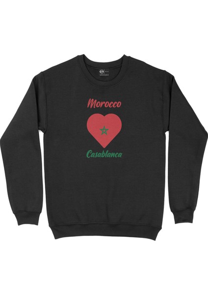 Kazablanka Fas Bayraklı Kalpli Siyah Sweatshirt