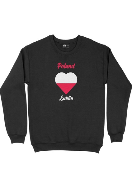 Lublin Polonya Bayraklı Kalpli Siyah Sweatshirt