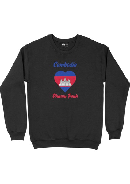 Phnom Penh Kamboçya Bayraklı Kalpli Siyah Sweatshirt