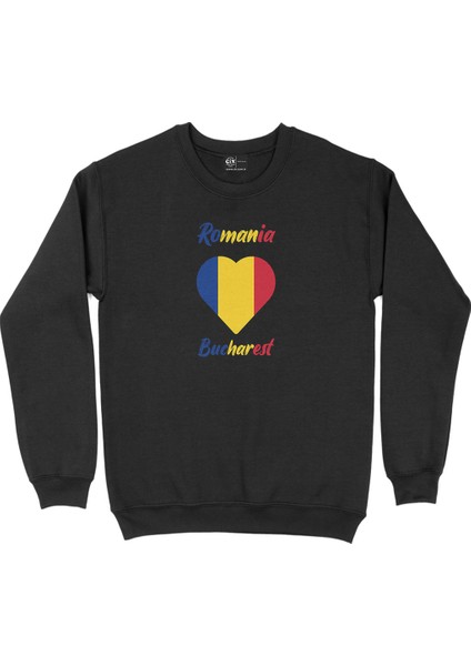 Bükreş Romanya Bayraklı Kalpli Siyah Sweatshirt