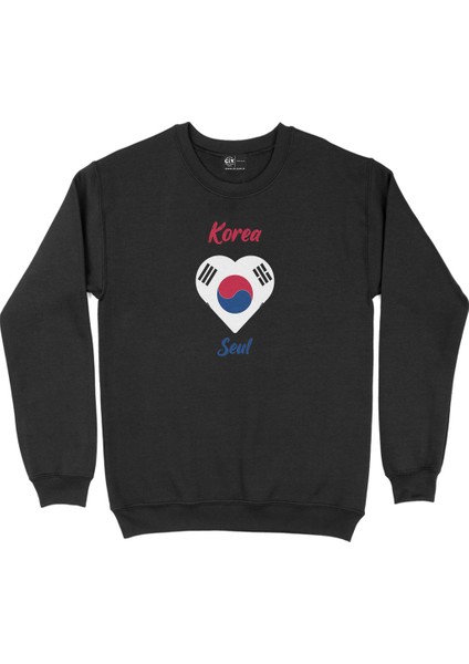 Seul Kore Bayraklı Kalpli Siyah Sweatshirt
