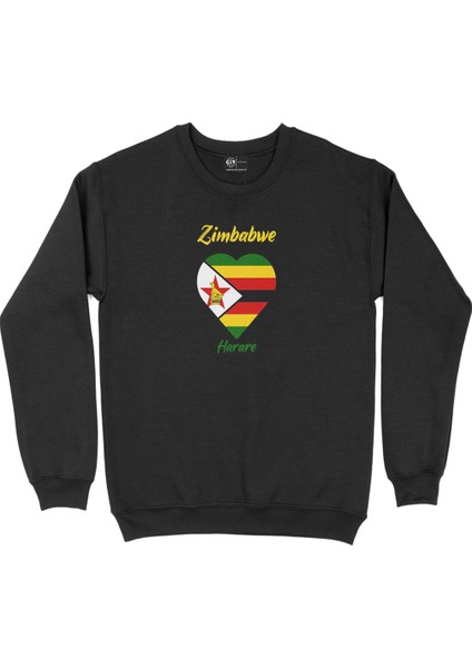 Harare Zimbabwe Bayraklı Kalpli Siyah Sweatshirt