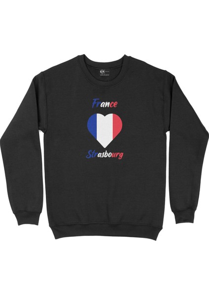 Strazburg Fransa Bayraklı Kalpli Siyah Sweatshirt