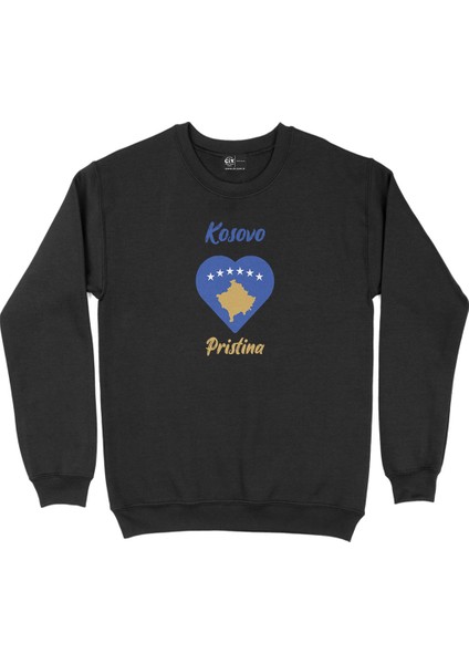 Piriştine Kosova Bayraklı Kalpli Siyah Sweatshirt